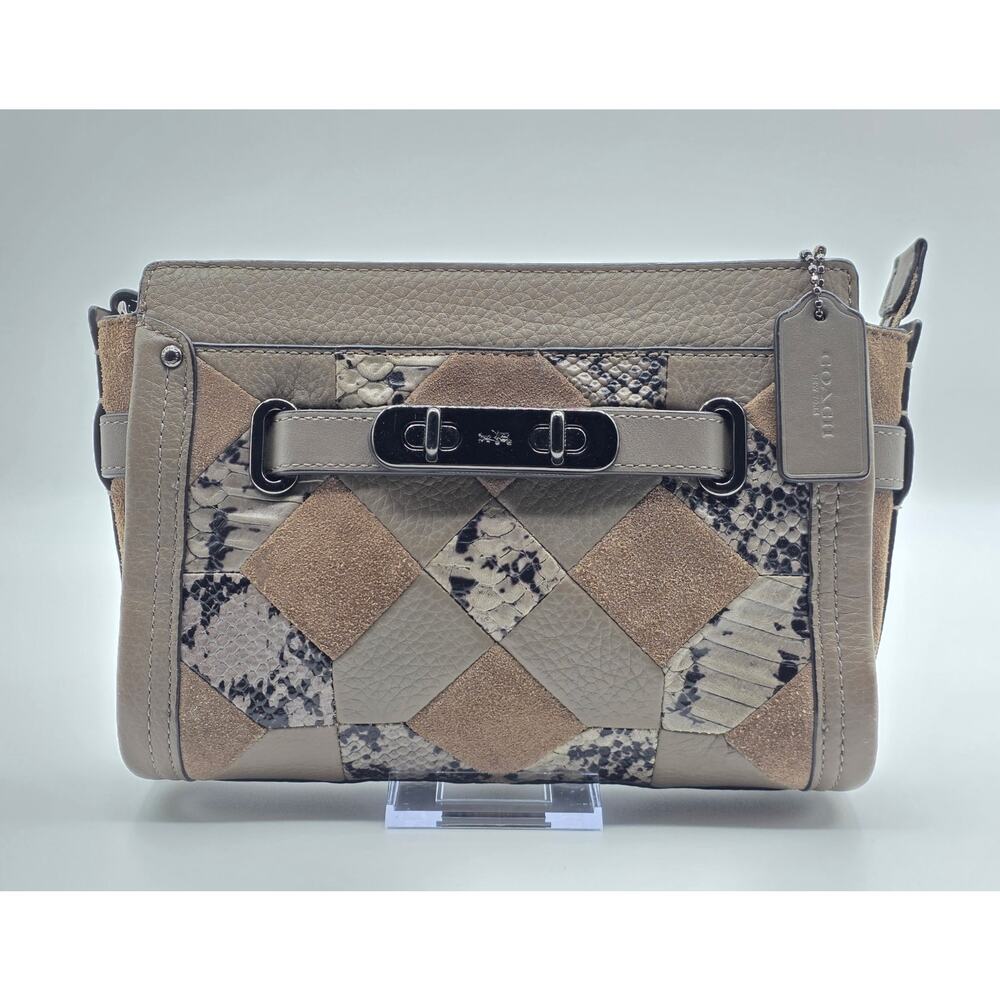 Coach Patchwork Leather Crossbody Bag Taupe Snakeskin Suede Shoulder Purse